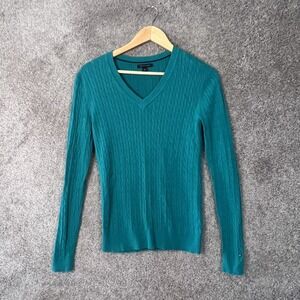 Tommy Hilfiger Sweater Womens Small Green Cotton Long Sleeve V-Neck Pullover